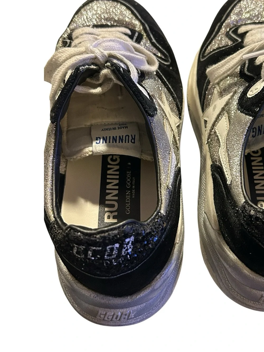Golden Goose Running Sneakers BLK/SIL Glitter Lived-In/Distressed Luxe Sz 38 / 8